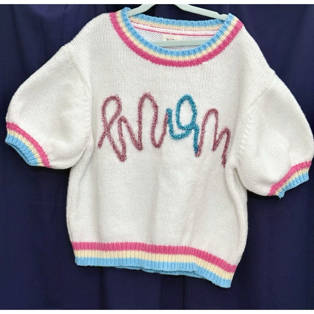 EUC BiBi Fuzzy Cursive Script Spring Sweater Coquette Y2K Puff Sleeve Knit Top S - Picture 2 of 15